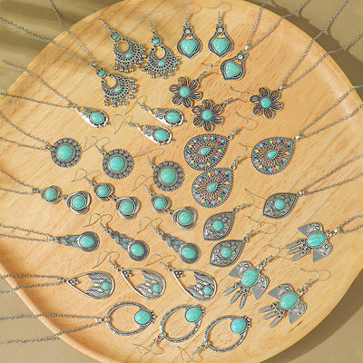Fashion Turquoise Long Pendant Ear Rings Suit